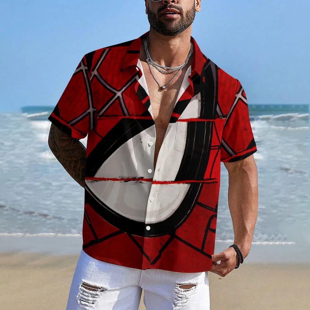 Spider Hero Print Large Slub Linen Short Sleeve Shirt 2406001580