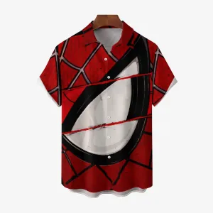 Spider Hero Print Large Slub Linen Short Sleeve Shirt 2406001580