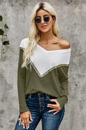 Splicing Colorblock V Neck Pullover Sweatshirts