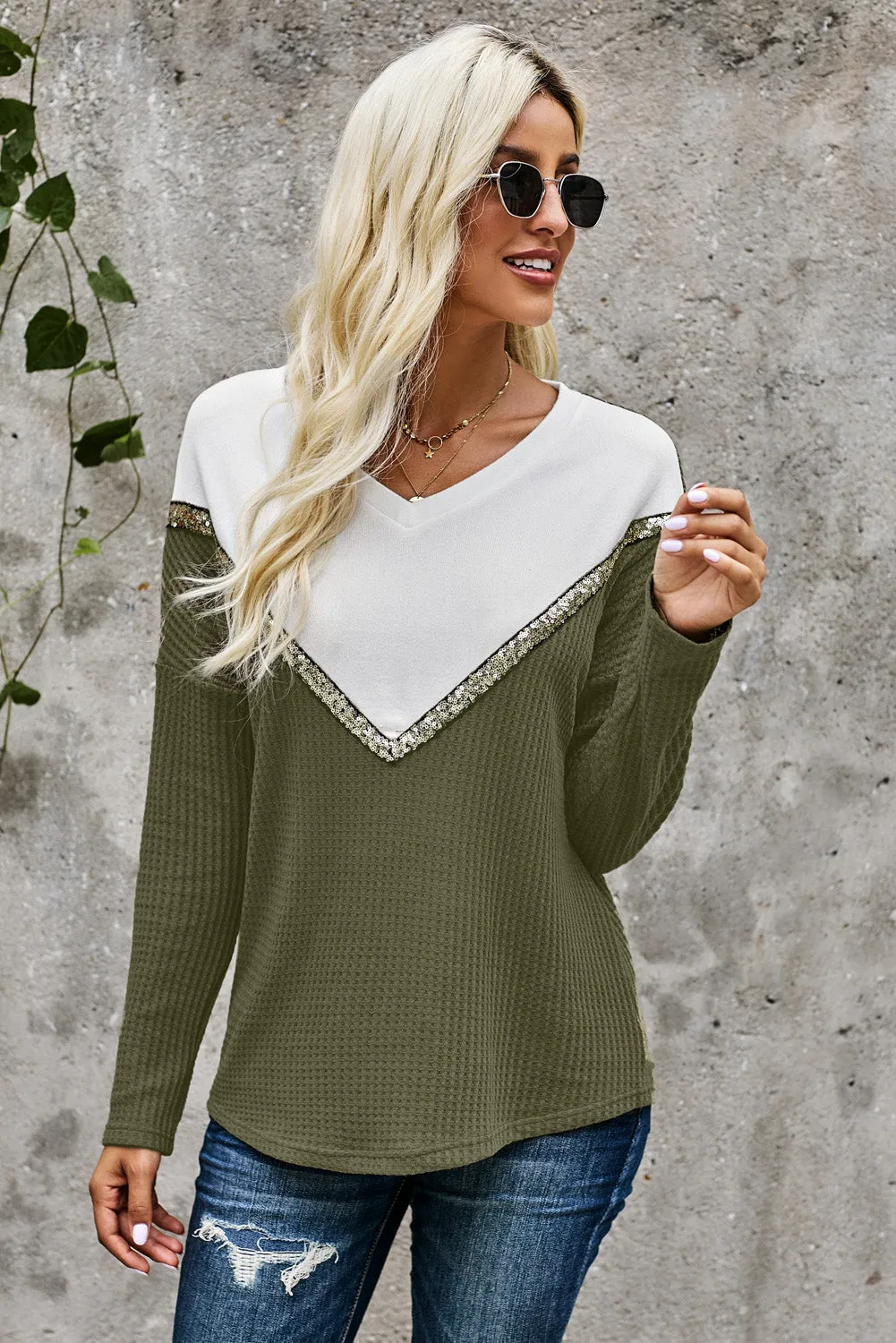 Splicing Colorblock V Neck Pullover Sweatshirts