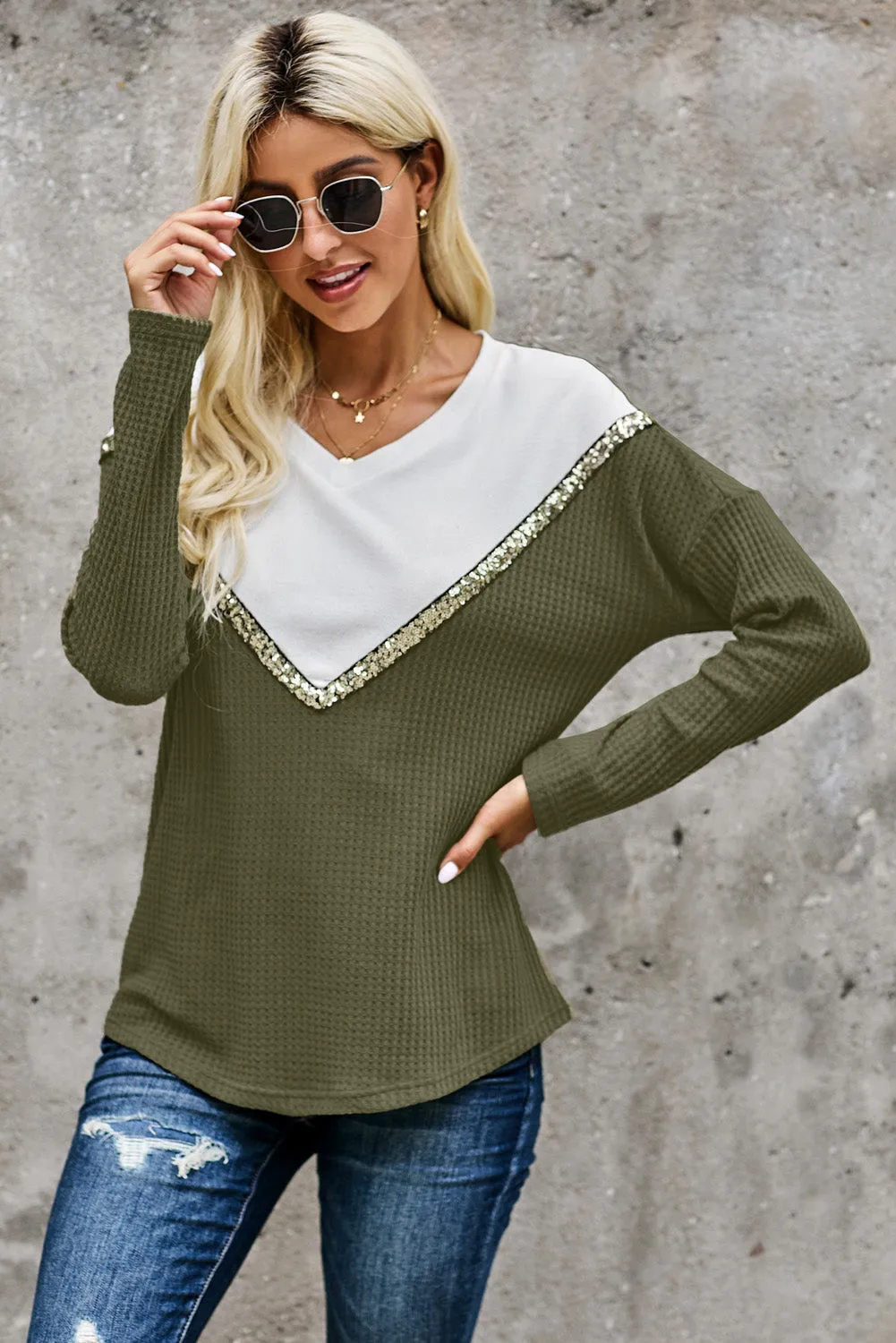 Splicing Colorblock V Neck Pullover Sweatshirts