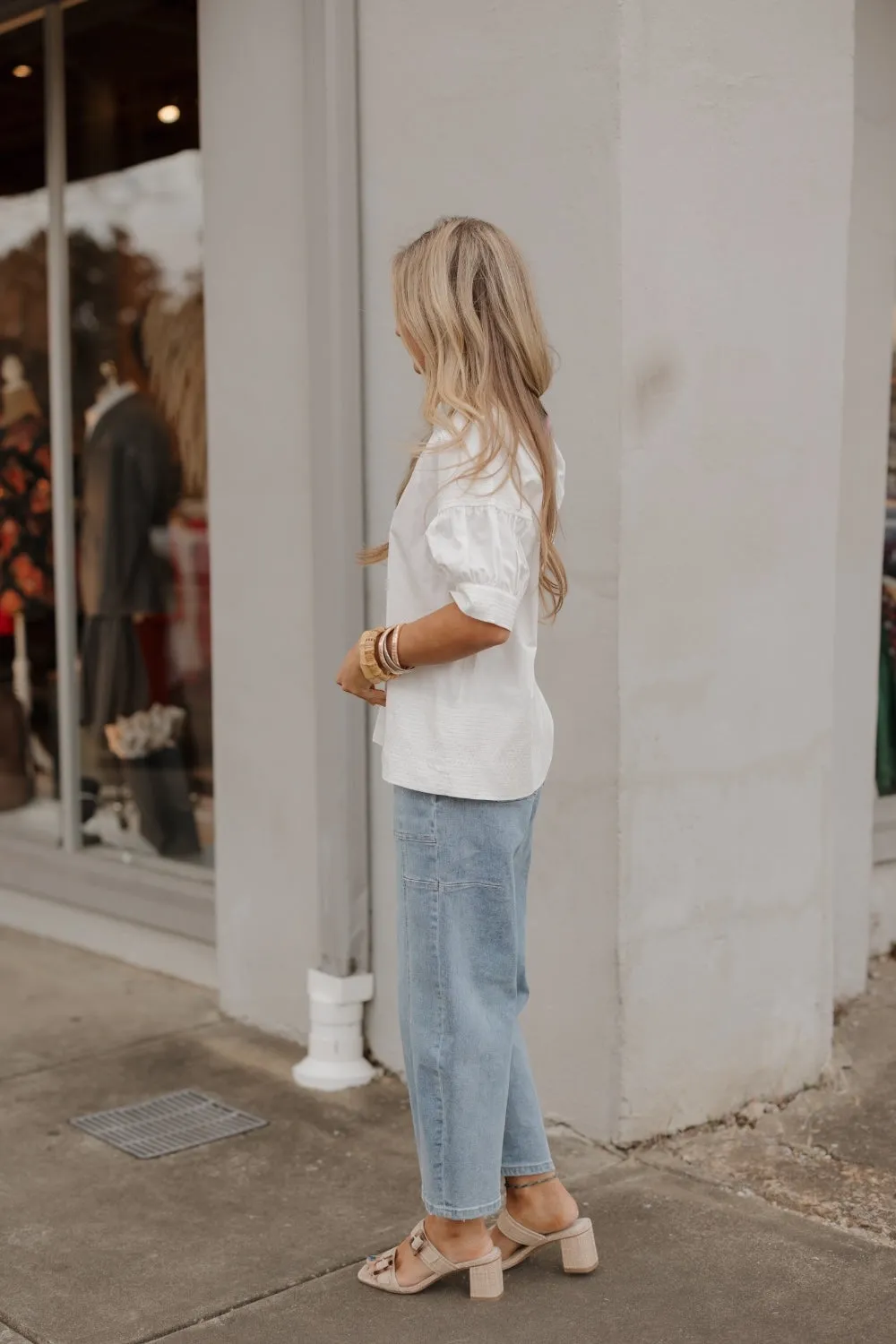 Stacey Contrast Stitch White Poplin Top
