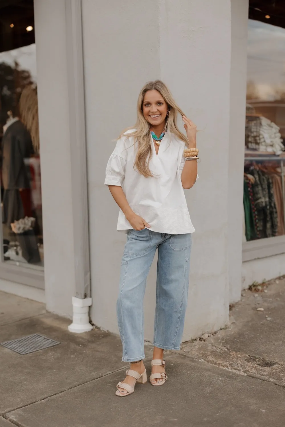 Stacey Contrast Stitch White Poplin Top