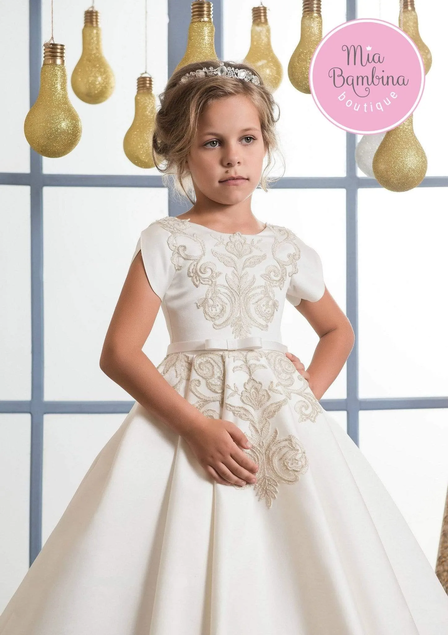 Stockton A-line Satin First Communion Dress with Short Sleeves