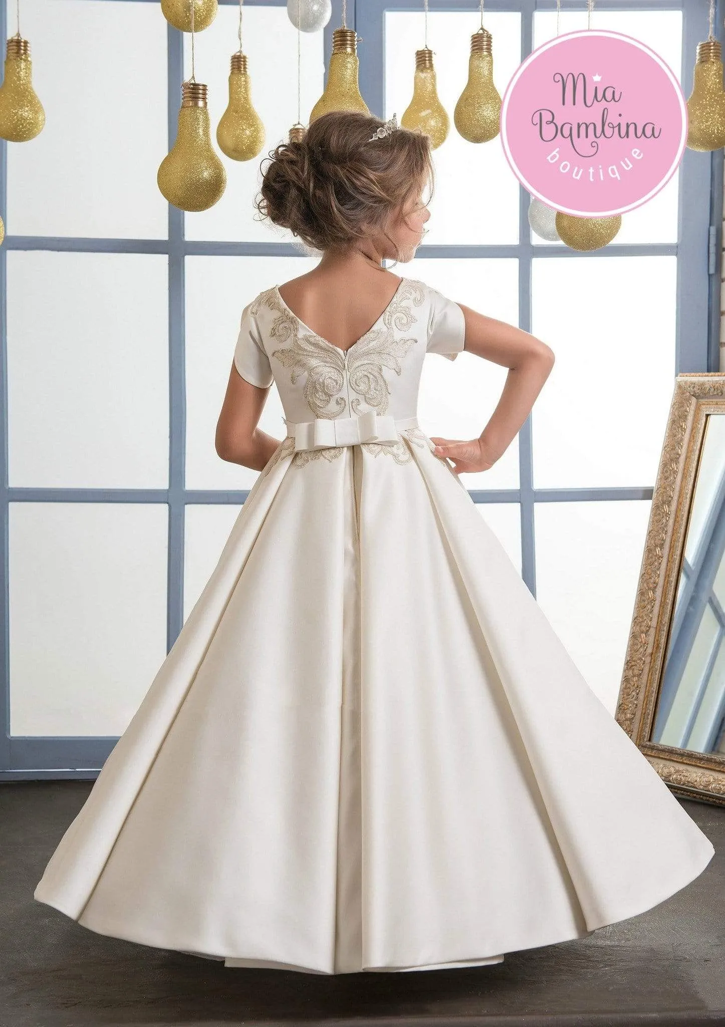 Stockton A-line Satin First Communion Dress with Short Sleeves