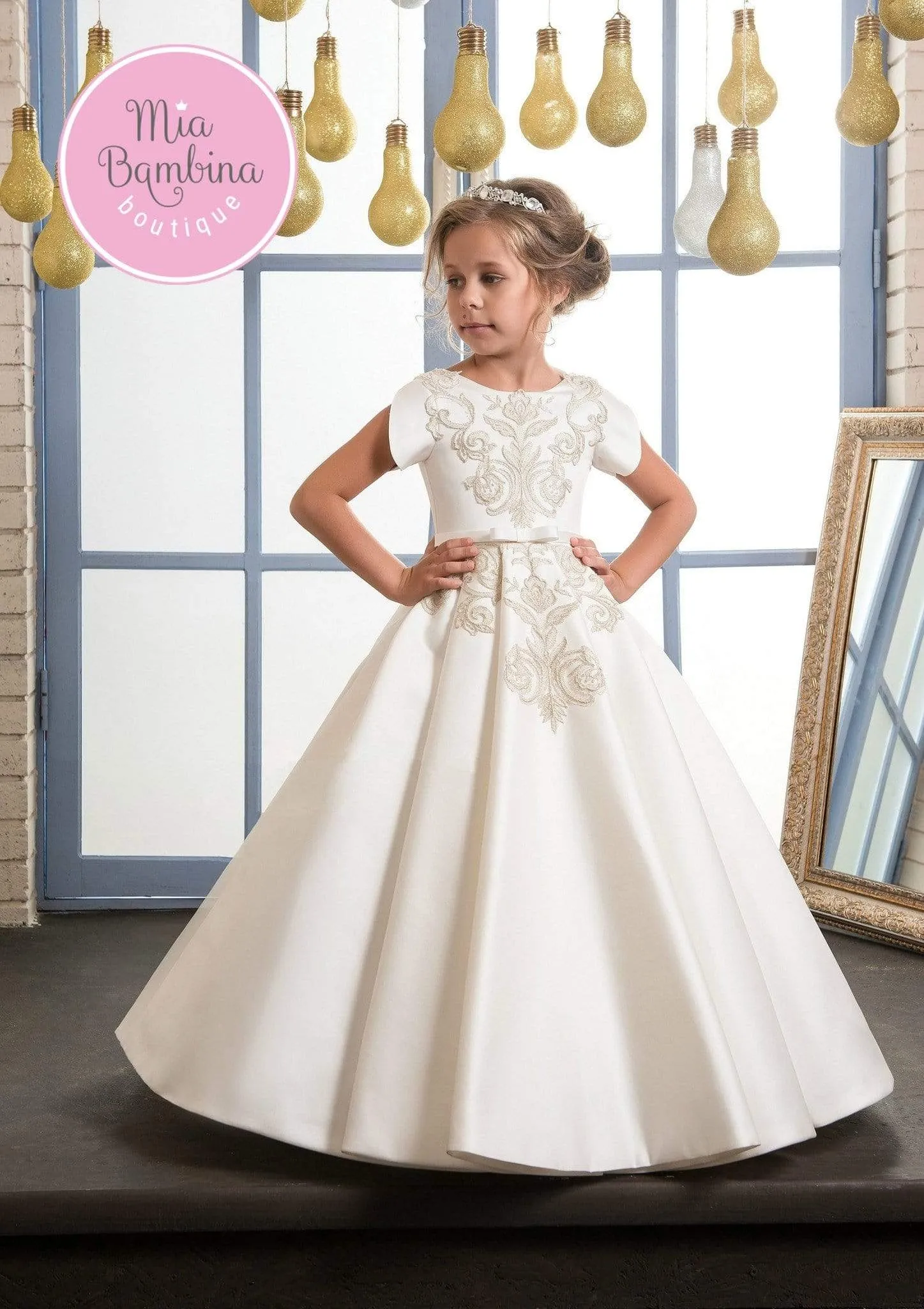 Stockton A-line Satin First Communion Dress with Short Sleeves