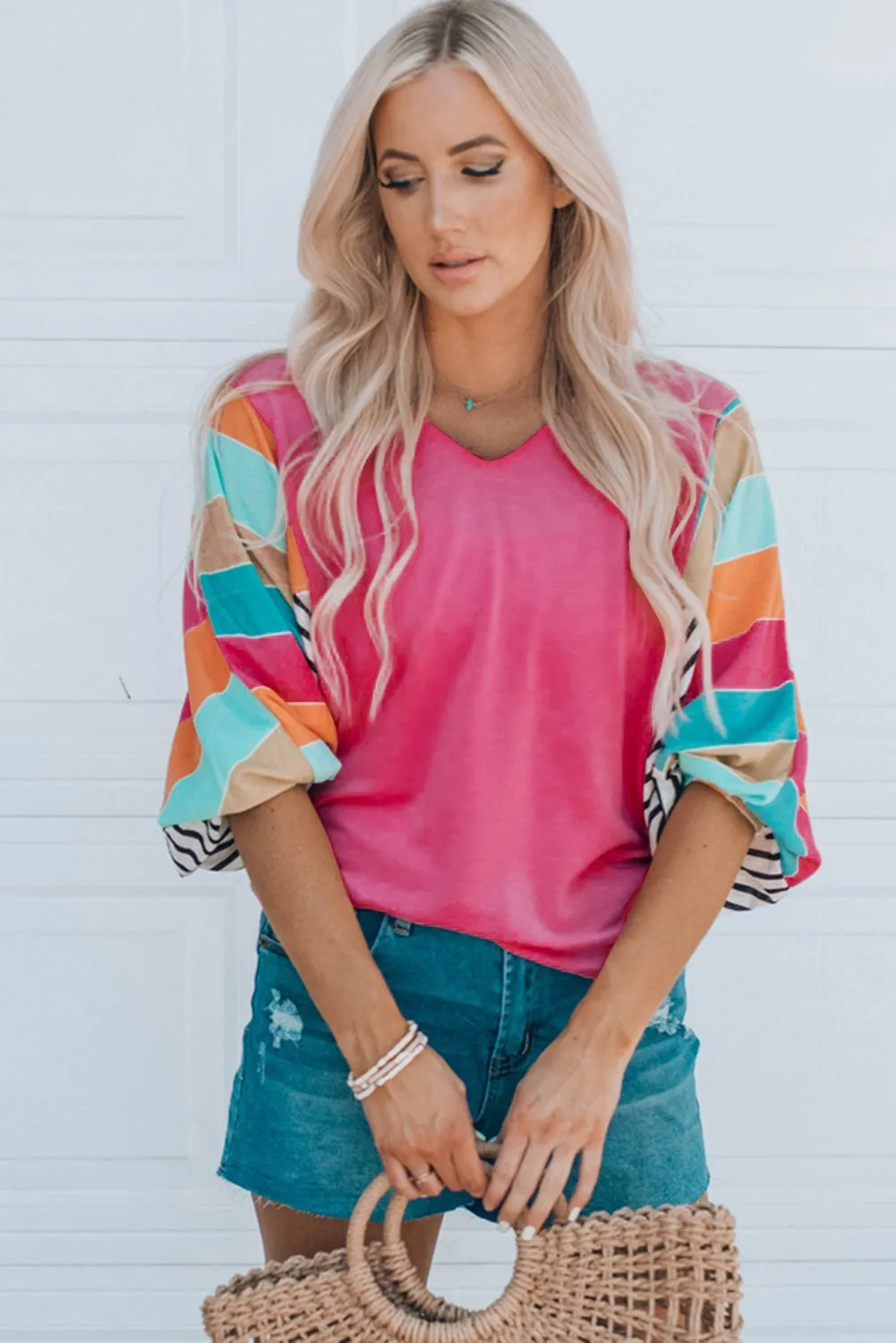 Stripe Color Block Bubble Sleeve Top