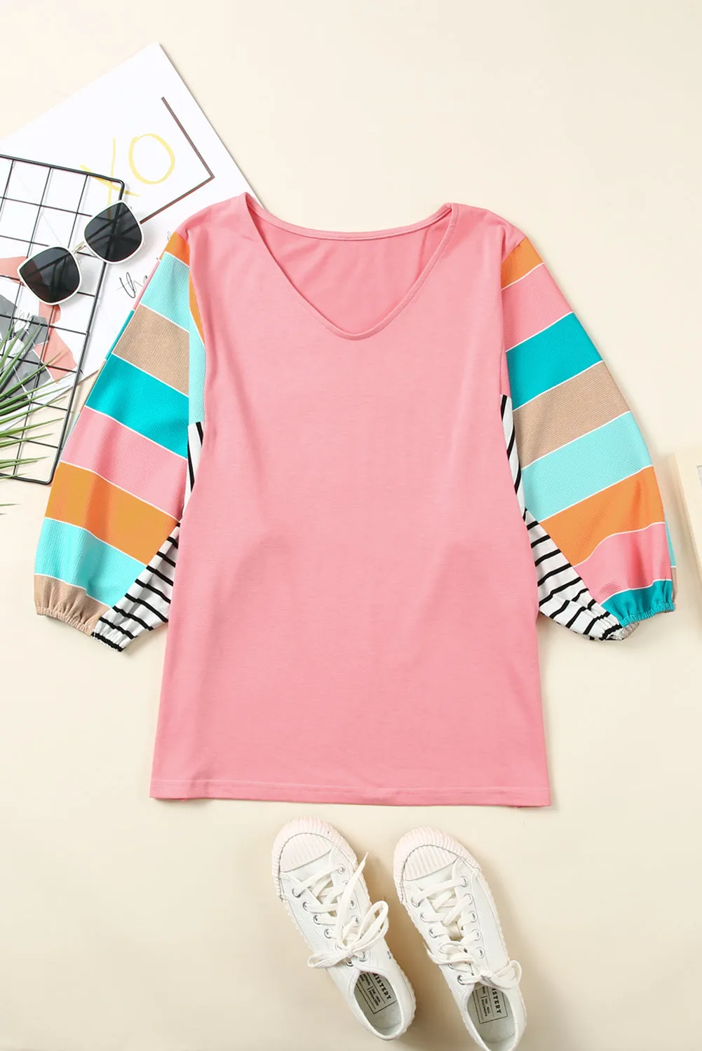 Stripe Color Block Bubble Sleeve Top