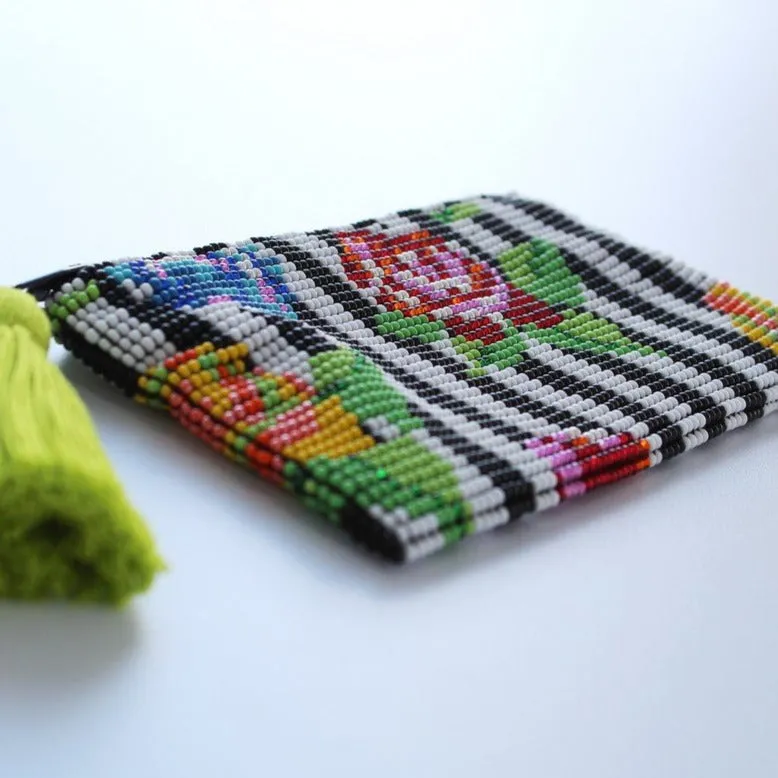 Stripe Flower Glass Bead Coin Purse