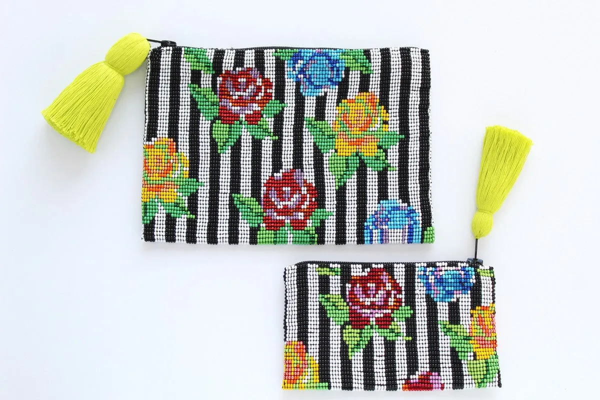 Stripe Flower Glass Bead Coin Purse