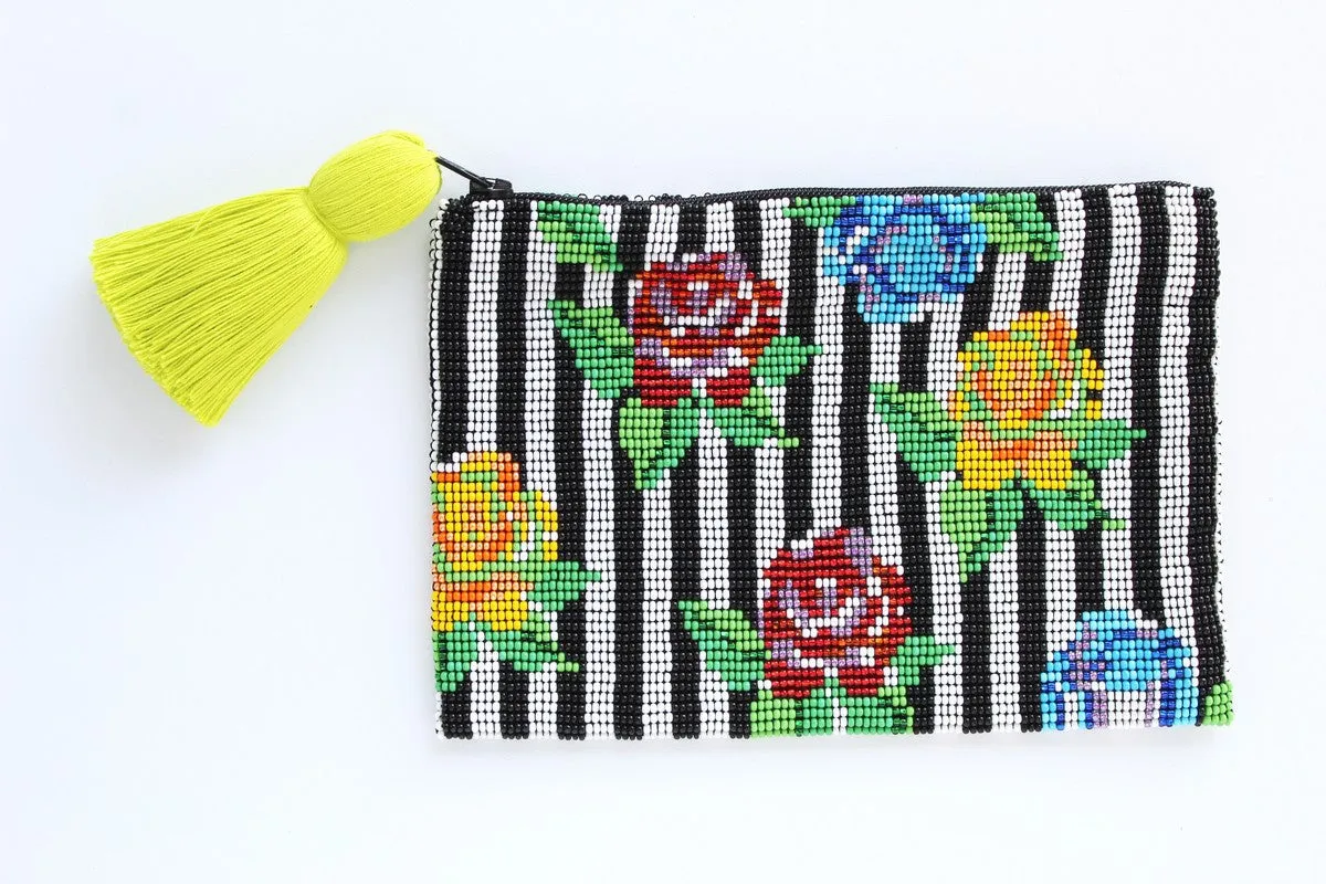 Stripe Flower Glass Bead Coin Purse