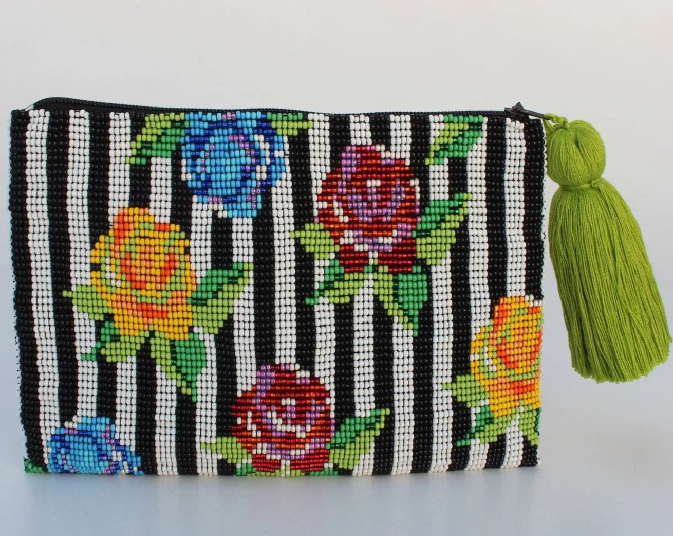 Stripe Flower Glass Bead Coin Purse