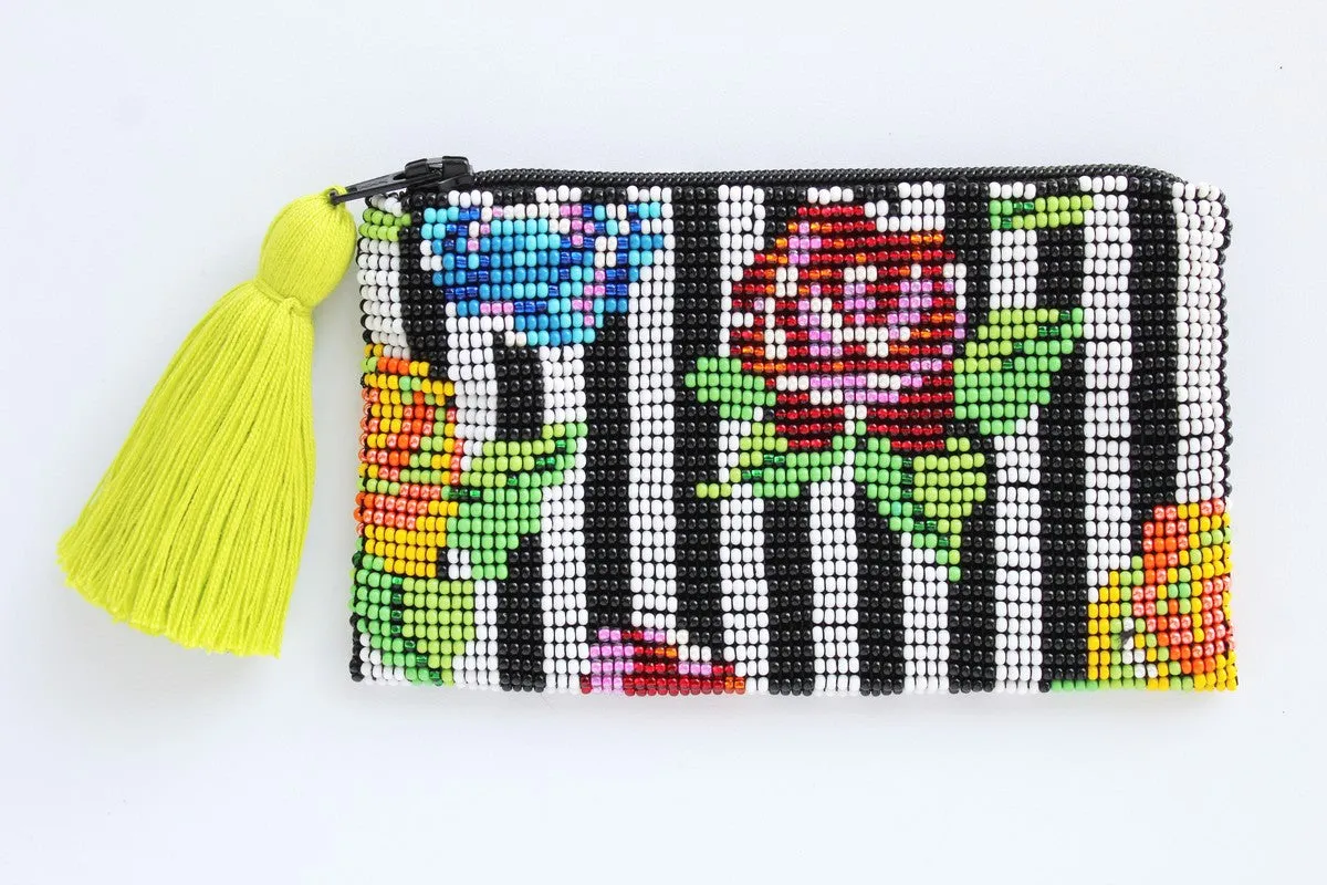 Stripe Flower Glass Bead Coin Purse