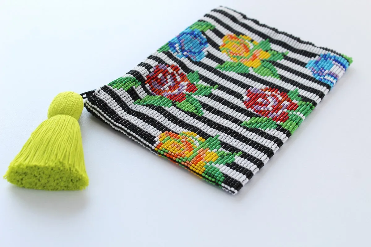 Stripe Flower Glass Bead Coin Purse