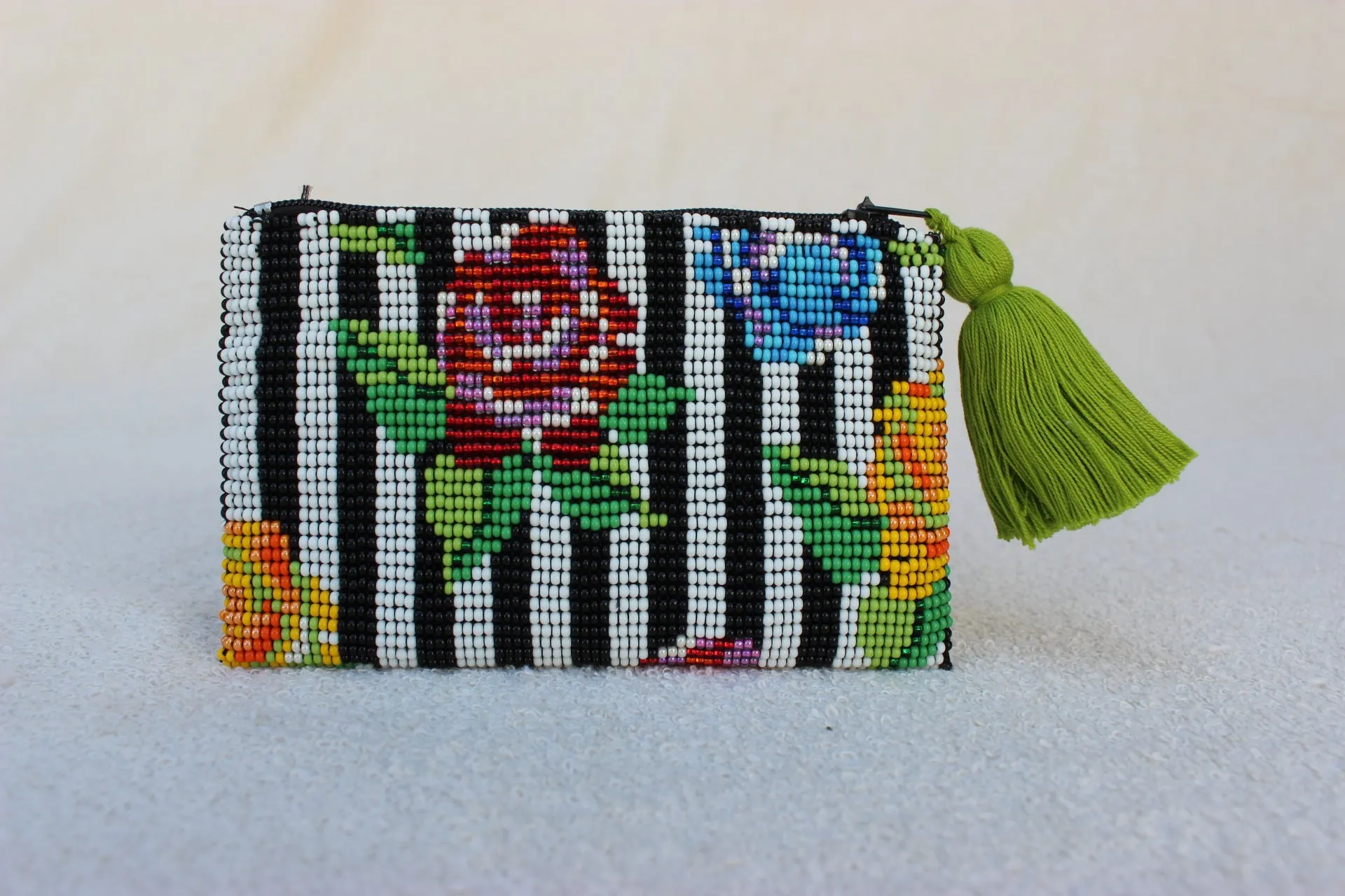 Stripe Flower Glass Bead Coin Purse