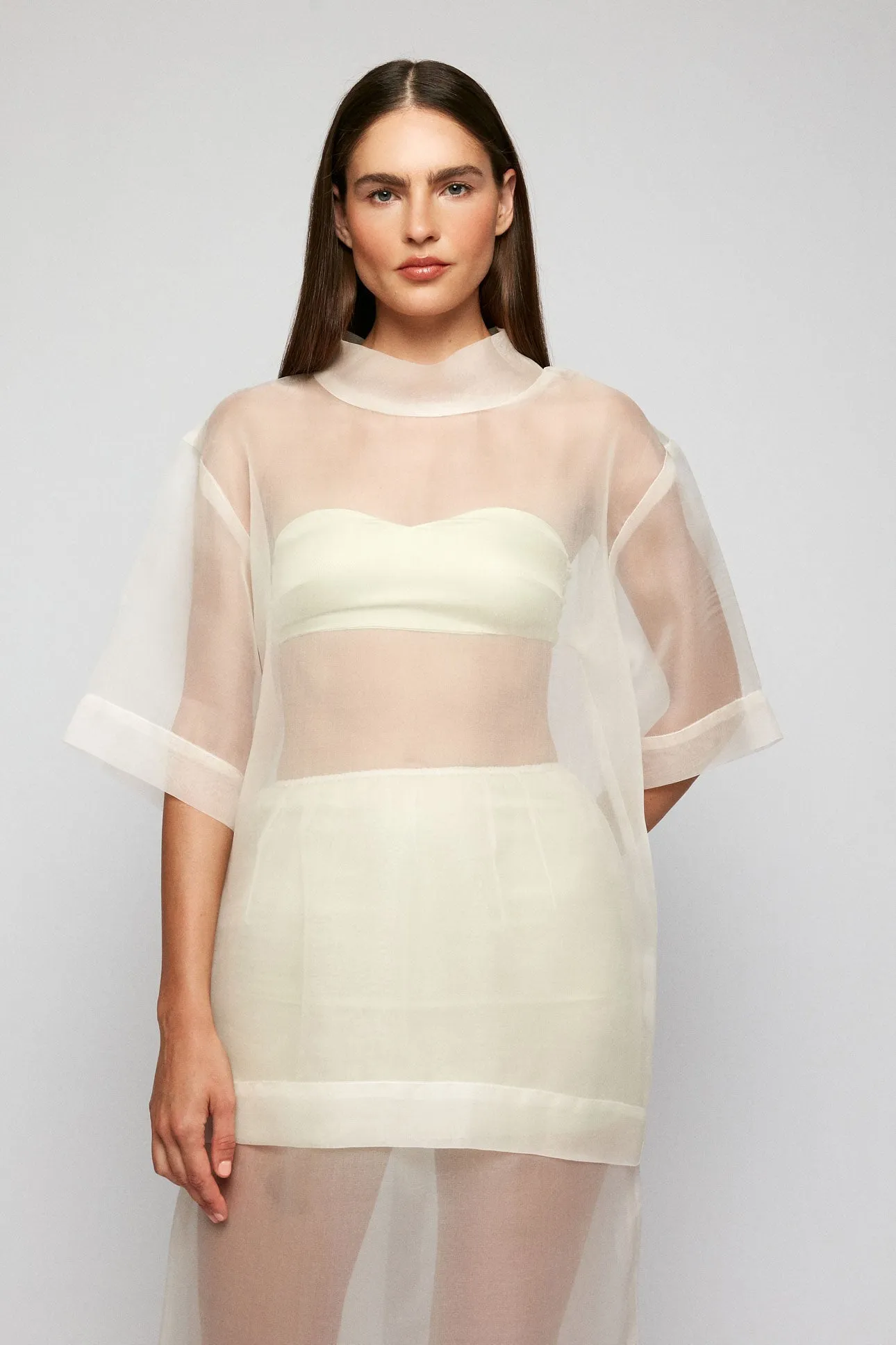Sweetheart Satin Bandeau | High Collar Sheer Tee  | Pencil Sheer Maxi Skirt | Satin Mini