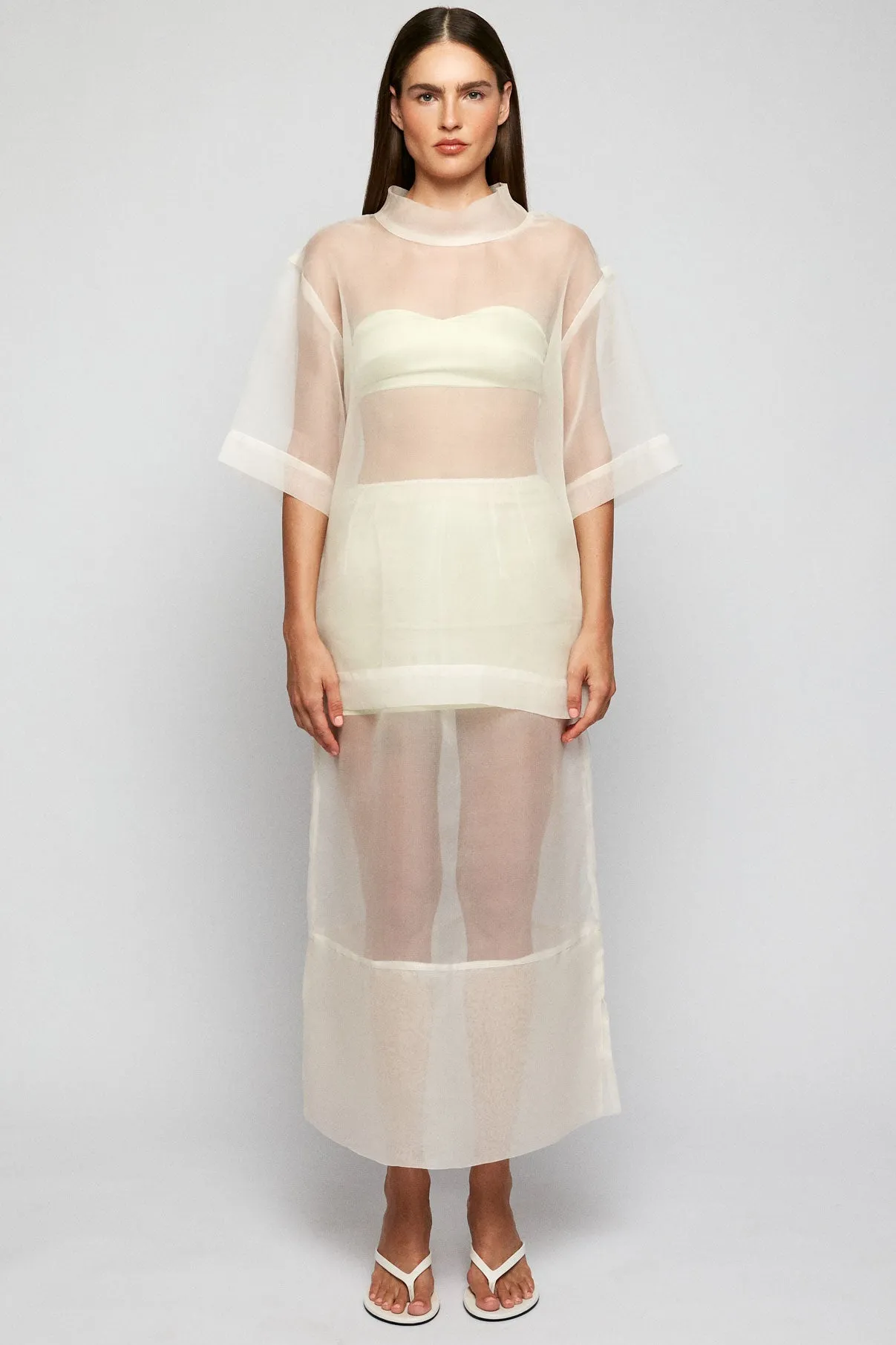 Sweetheart Satin Bandeau | High Collar Sheer Tee  | Pencil Sheer Maxi Skirt | Satin Mini