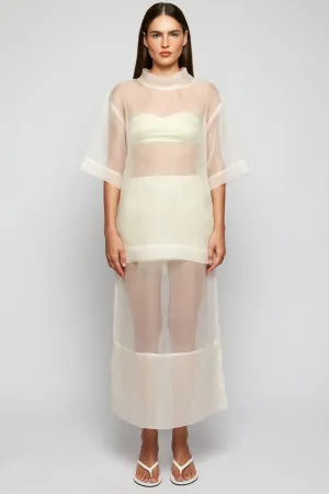 Sweetheart Satin Bandeau | High Collar Sheer Tee  | Pencil Sheer Maxi Skirt | Satin Mini