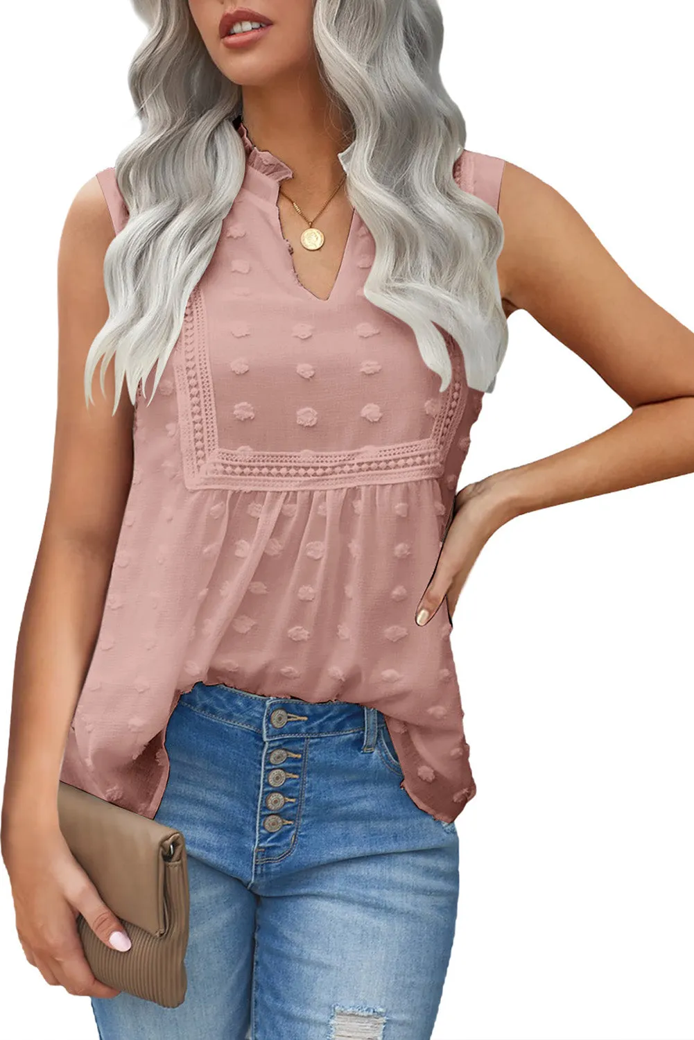Swiss Dot Split Neck Babydoll Tank Top