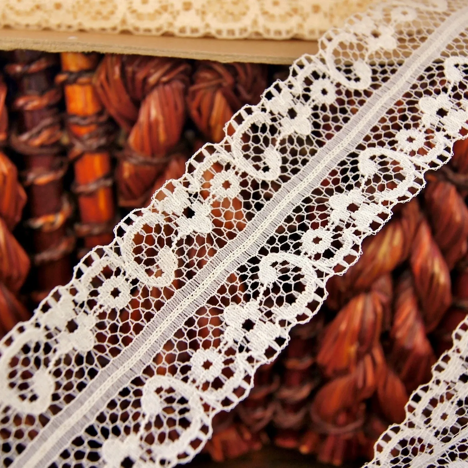 Symmetrical Floral Stiff Lace Trim - Light Beige 1⅝" wide