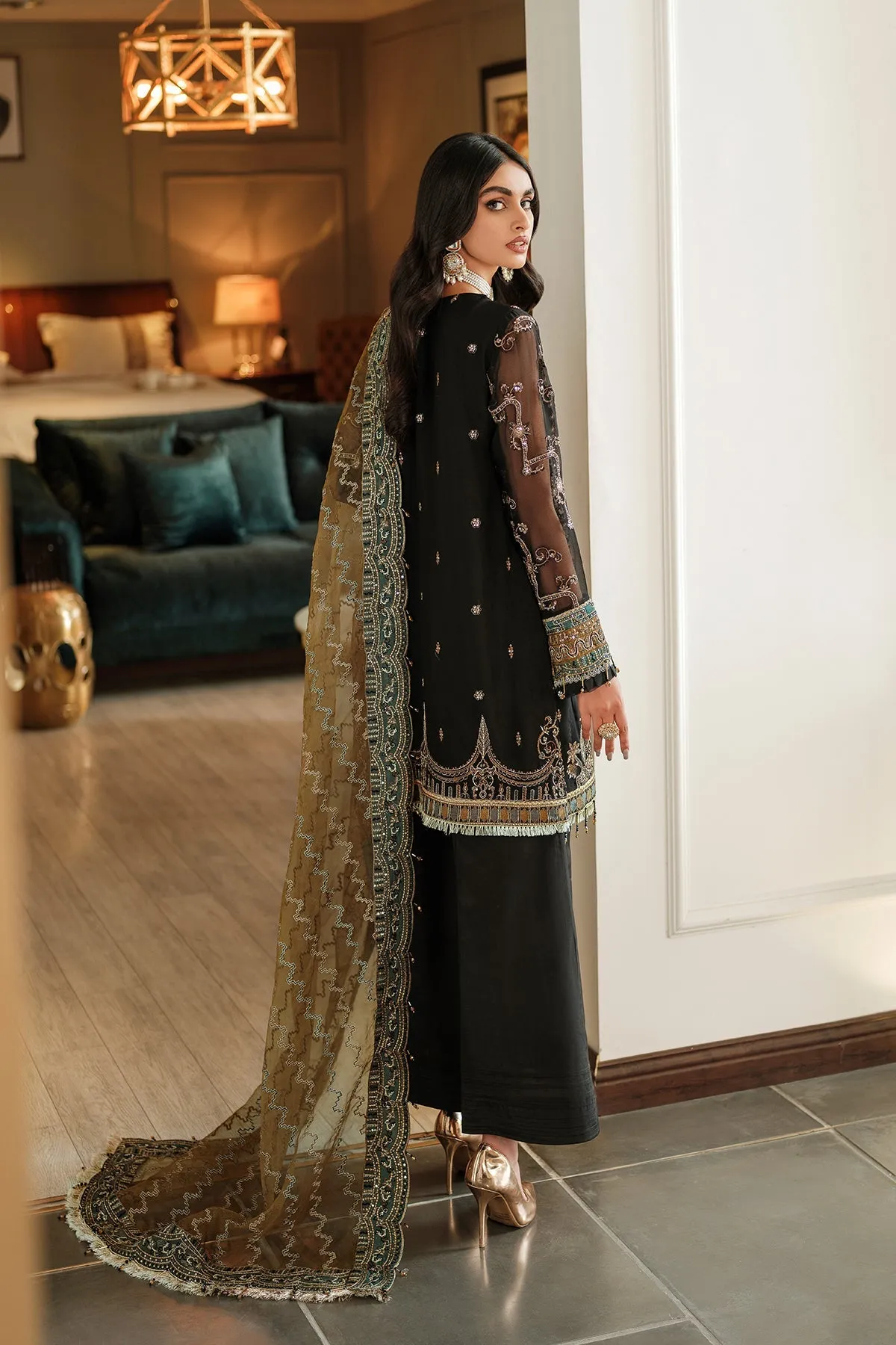 Traditional Black Embroidered Kameez Trousers Wedding Dress
