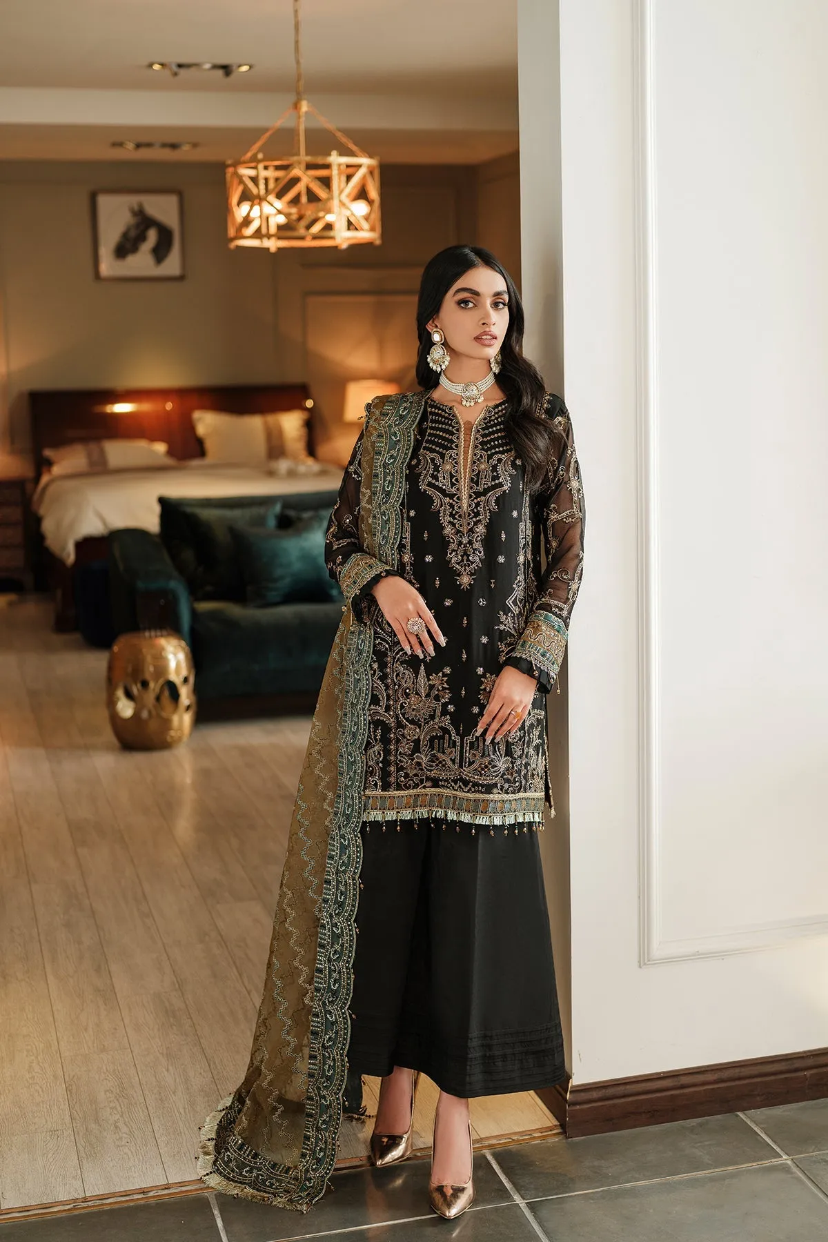 Traditional Black Embroidered Kameez Trousers Wedding Dress