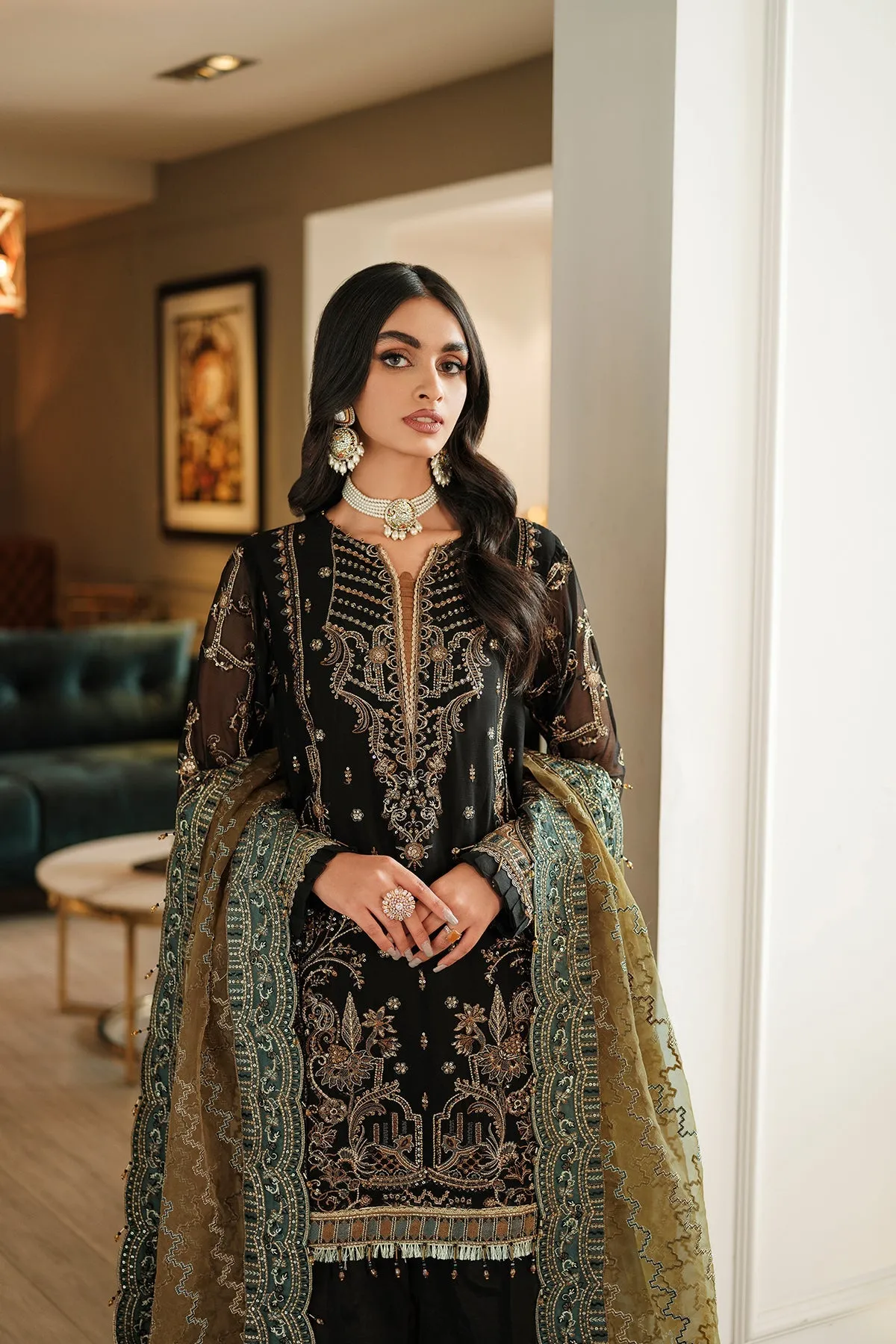 Traditional Black Embroidered Kameez Trousers Wedding Dress