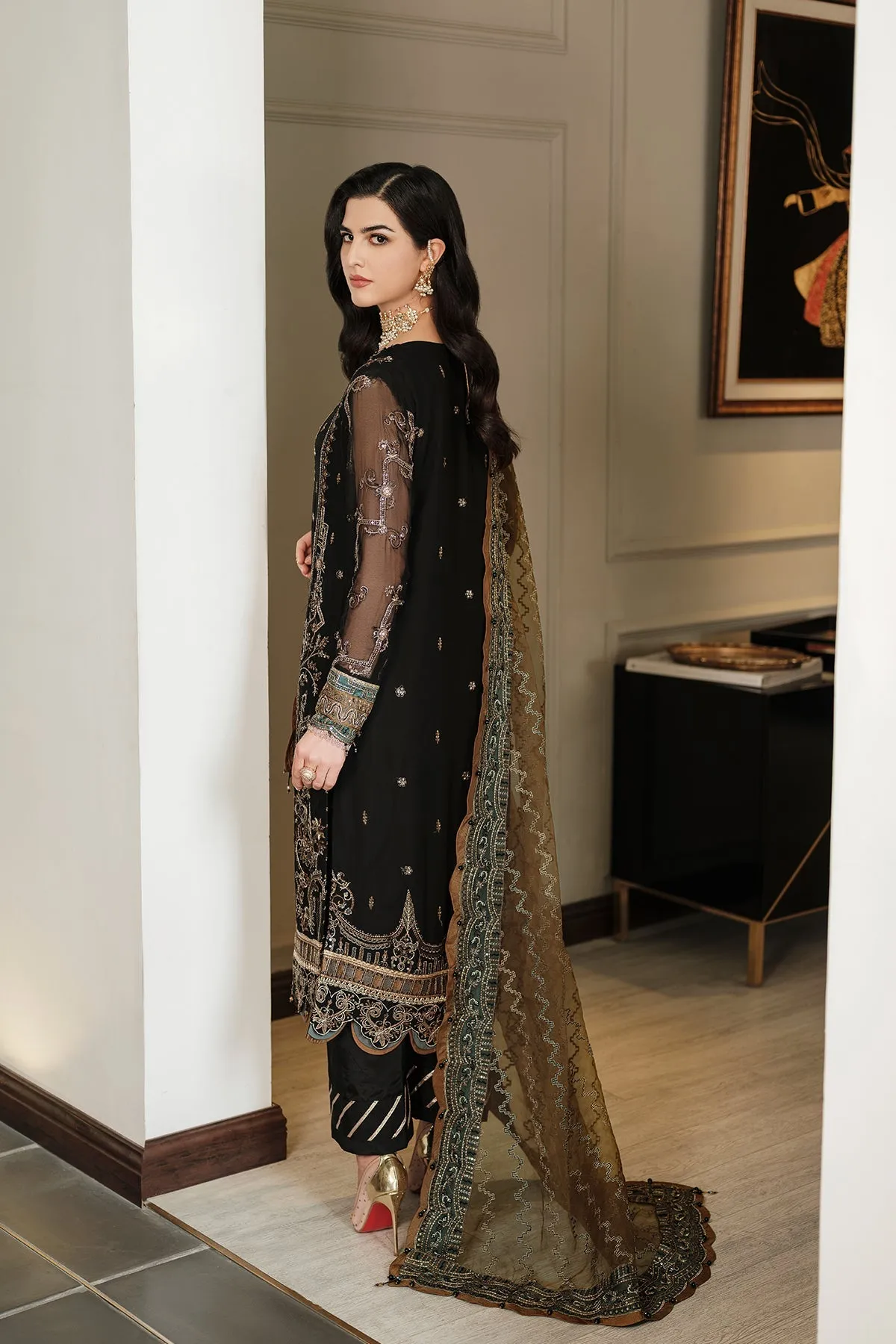Traditional Black Embroidered Kameez Trousers Wedding Dress