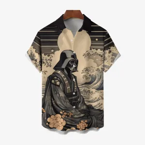 Ukiyo-e Warrior Print Large Bamboo Linen Short Sleeve Shirt 2406000412