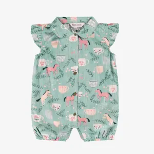 Une pièce turquoise cendré en popeline scintillante à motifs de chevaux, bébé || Ashy turquoise one piece in shimmering poplin with horse all over print, baby