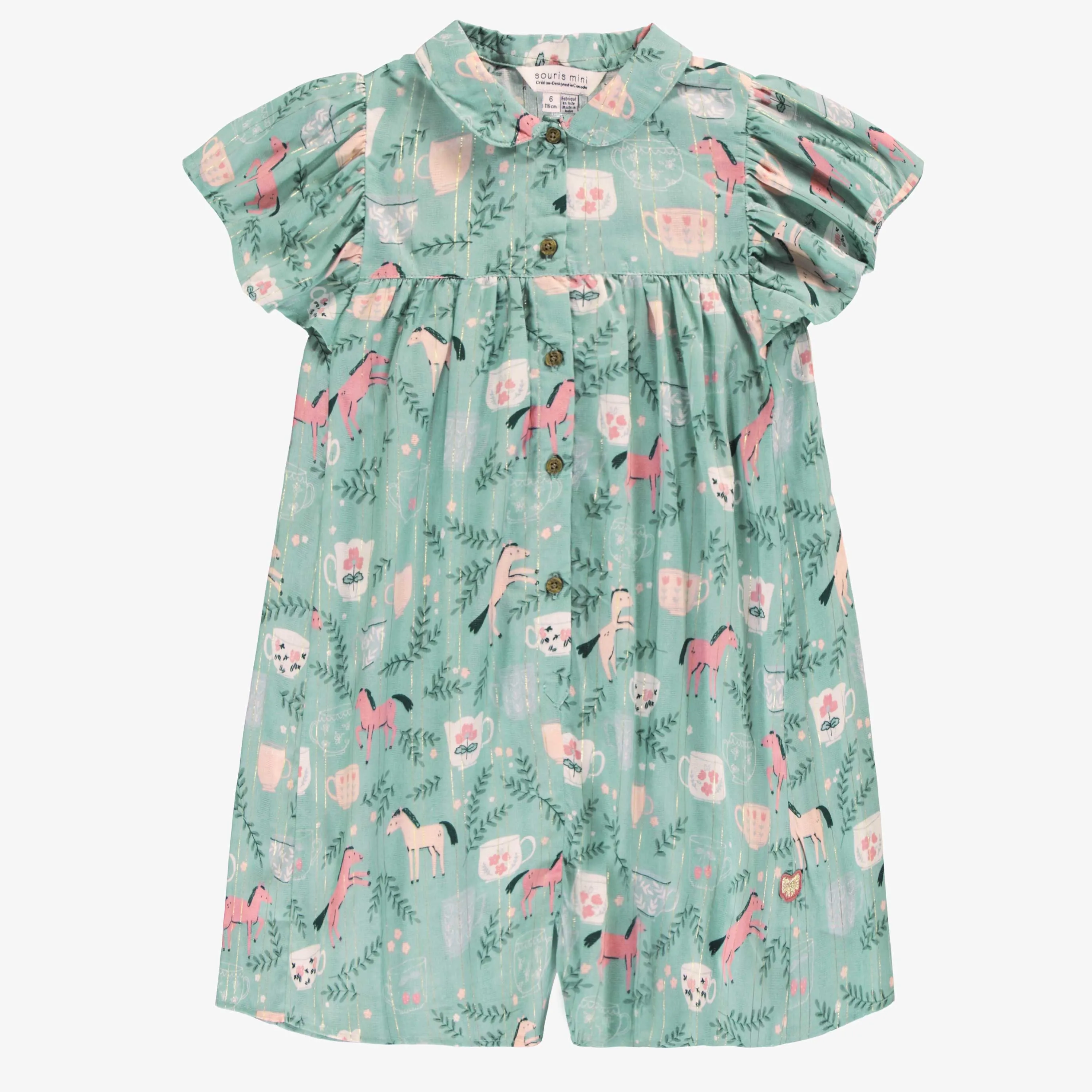 Une pièce turquoise cendré en popeline scintillante à motifs de chevaux, enfant || One piece ash turquoise in shimmering poplin with horse all over print, child