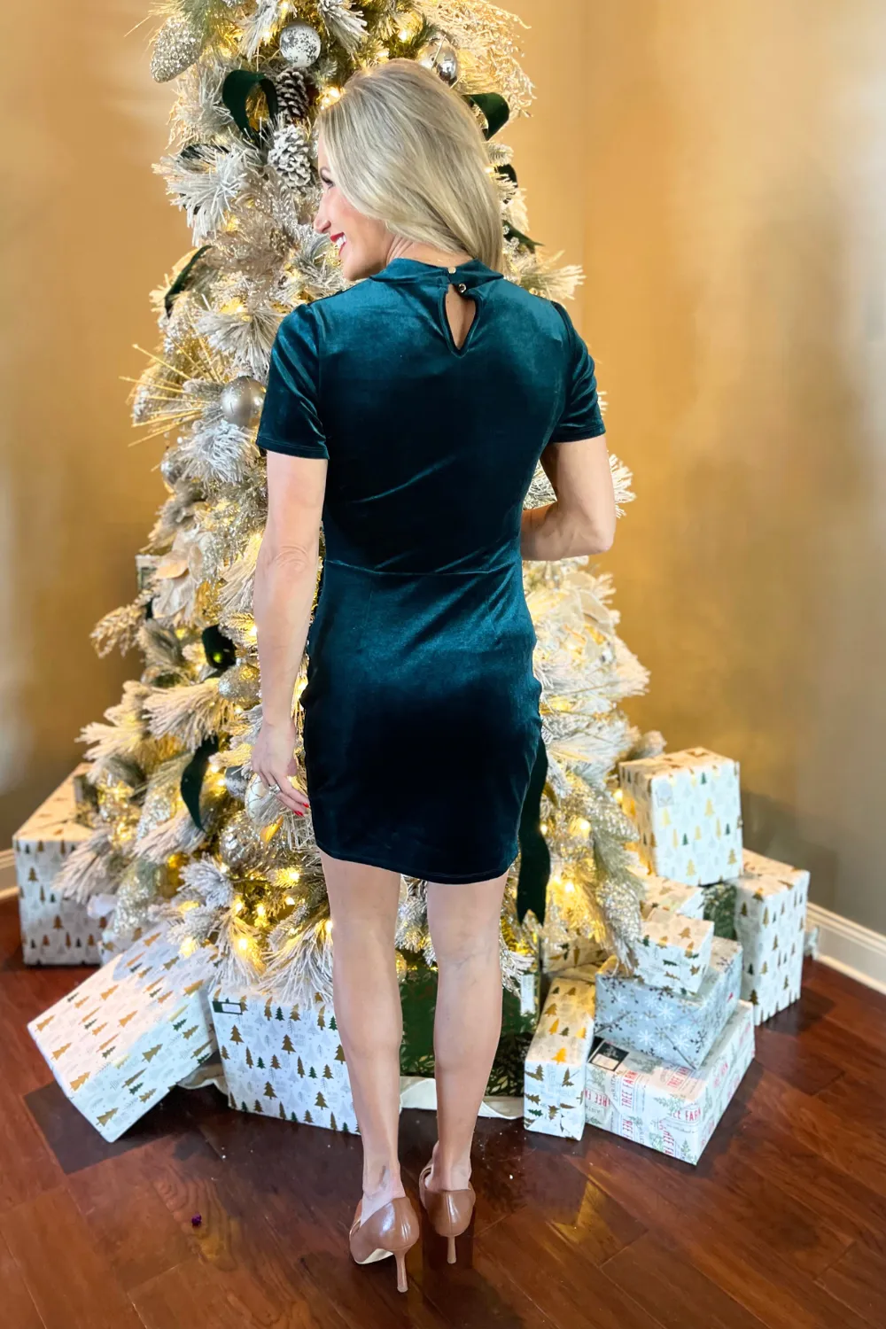 Velvet High Neck Ruched Mini Dress