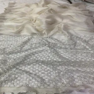 White Silk Linen Cutwork Saree