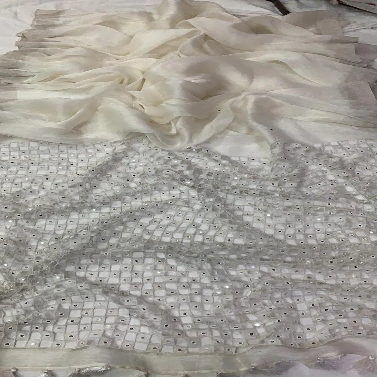 White Silk Linen Cutwork Saree