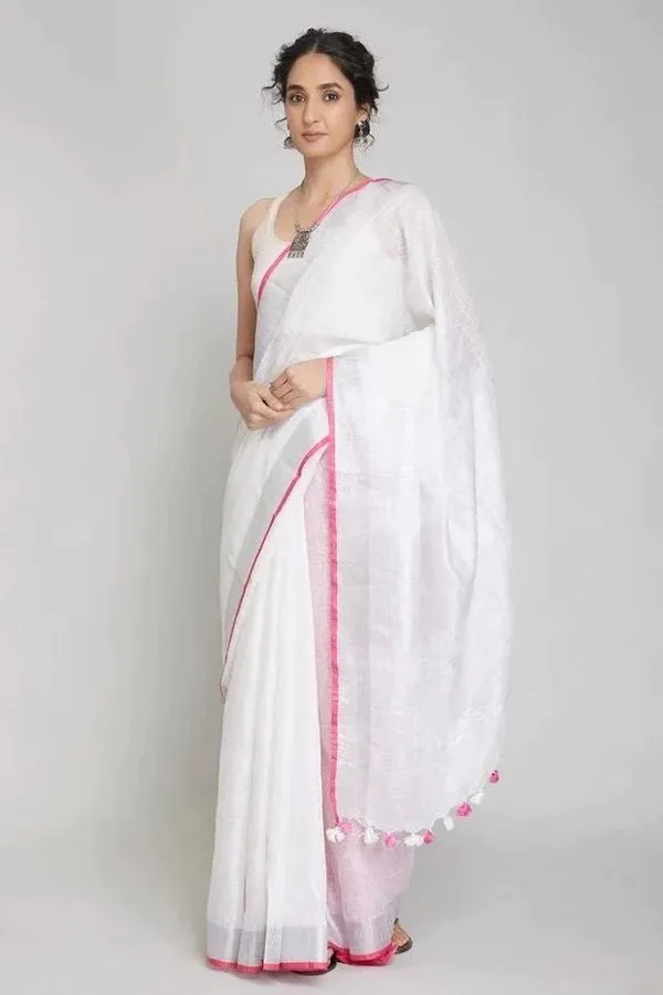 White Style linen saree