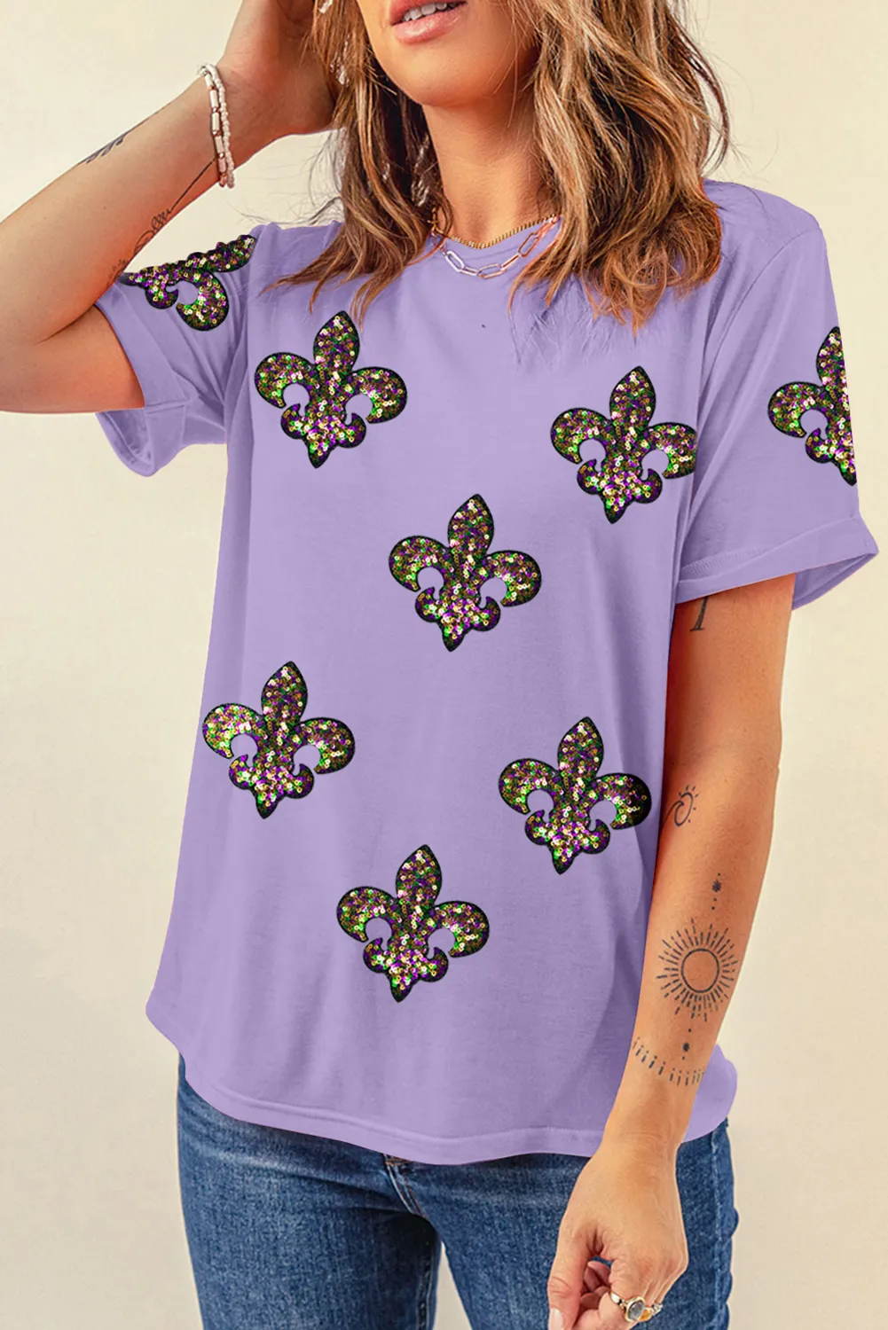 Wisteria Sequined Fleur De Lis Mardi Gras Fashion Tee