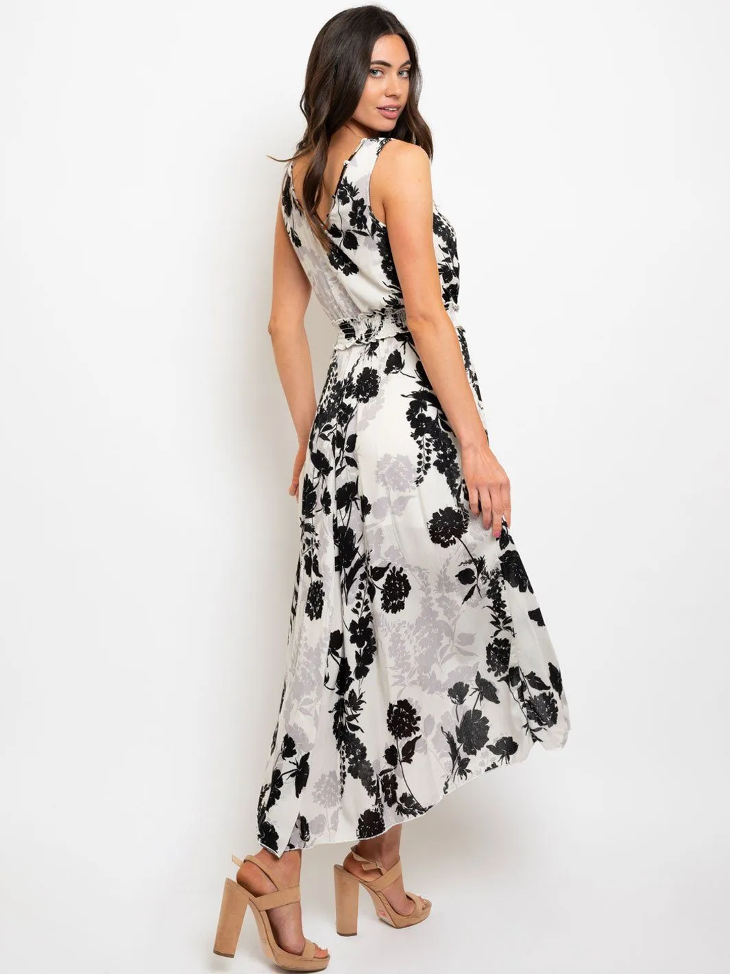 WOMEN'S BLACK & WHITE RUFFLE MAXI DRESS