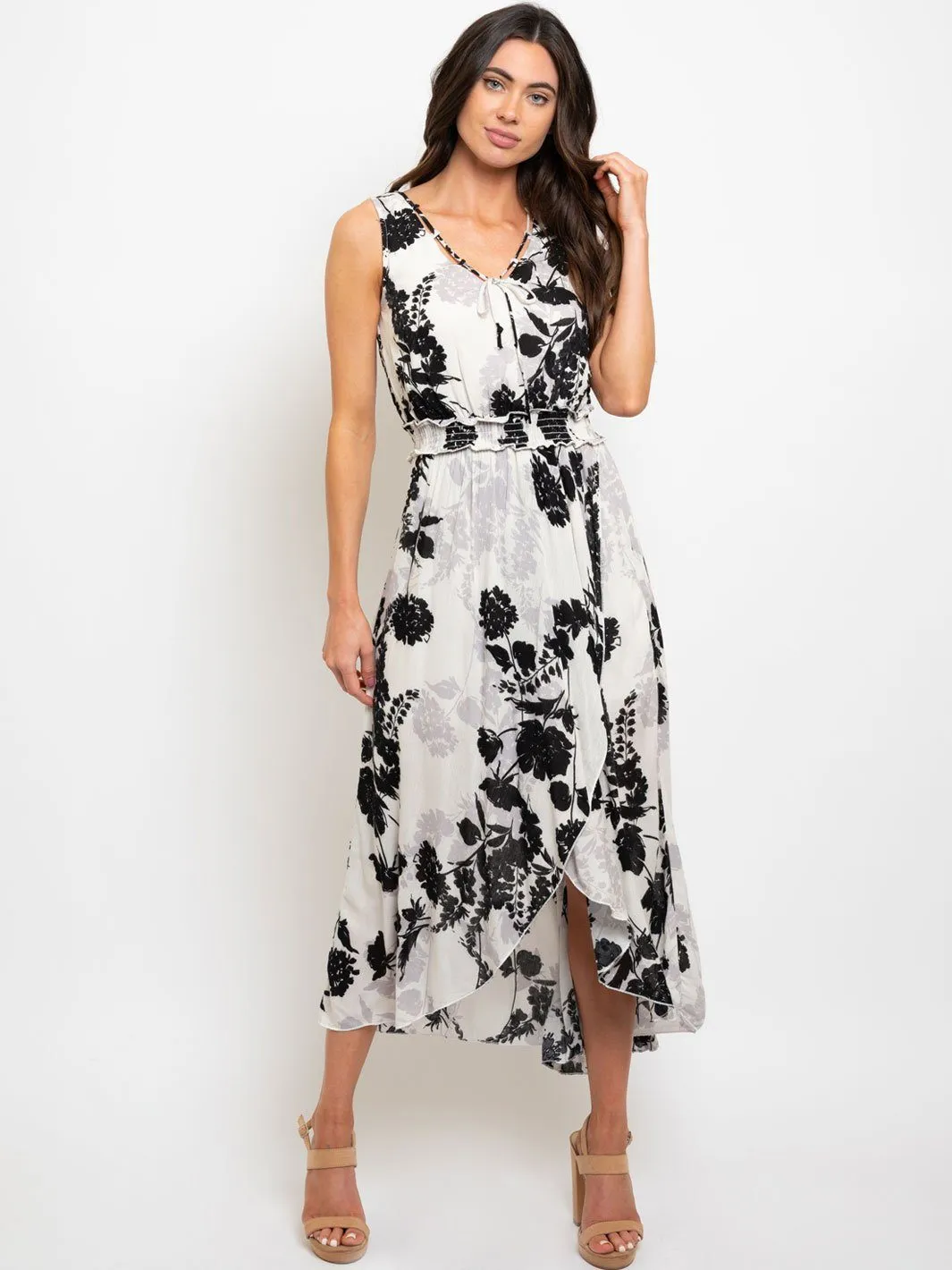 WOMEN'S BLACK & WHITE RUFFLE MAXI DRESS