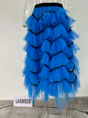 Women's Blue Ruffle Layered Dance Long Skirt Lace Cake Mesh Long Skirt High Waist Fluffy Layered Party Skirts