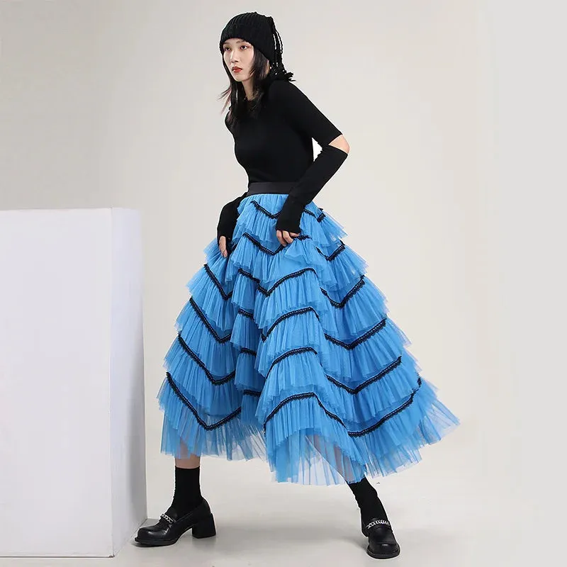 Women's Blue Ruffle Layered Dance Long Skirt Lace Cake Mesh Long Skirt High Waist Fluffy Layered Party Skirts