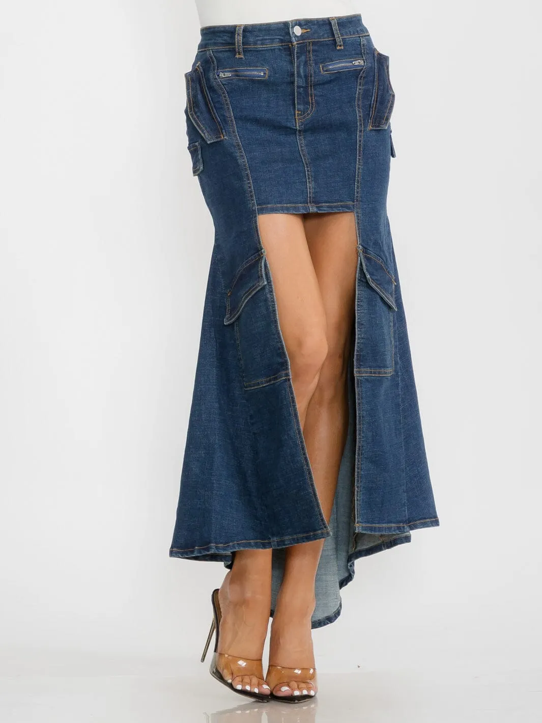 WOMEN'S BUTTON CLOSURE HIGH-LOW DENIM MAXI SKIRT