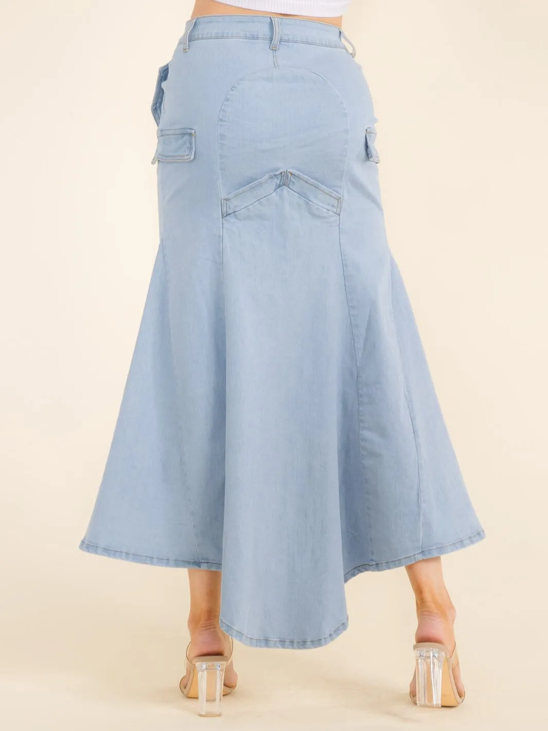 WOMEN'S BUTTON CLOSURE HIGH-LOW DENIM MAXI SKIRT