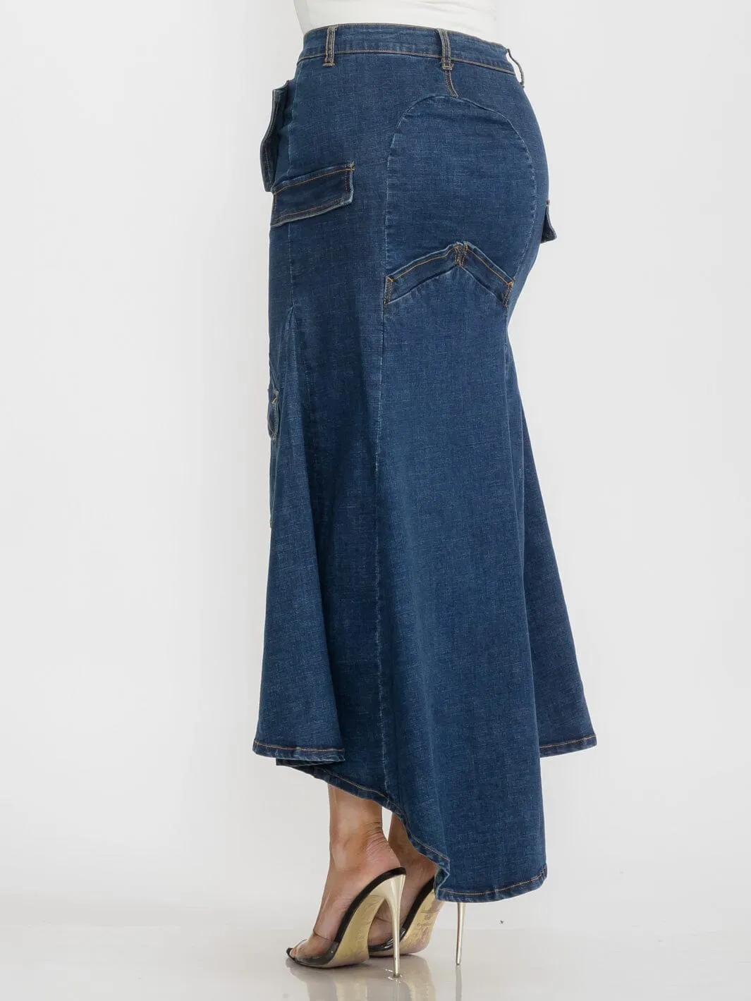 WOMEN'S BUTTON CLOSURE HIGH-LOW DENIM MAXI SKIRT