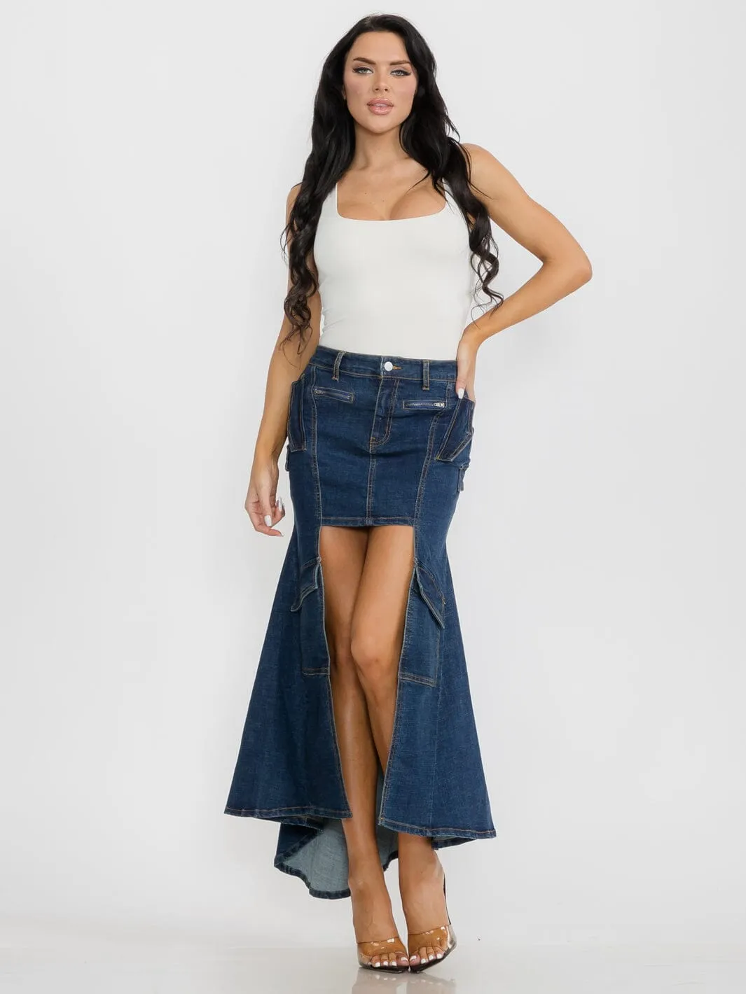 WOMEN'S BUTTON CLOSURE HIGH-LOW DENIM MAXI SKIRT