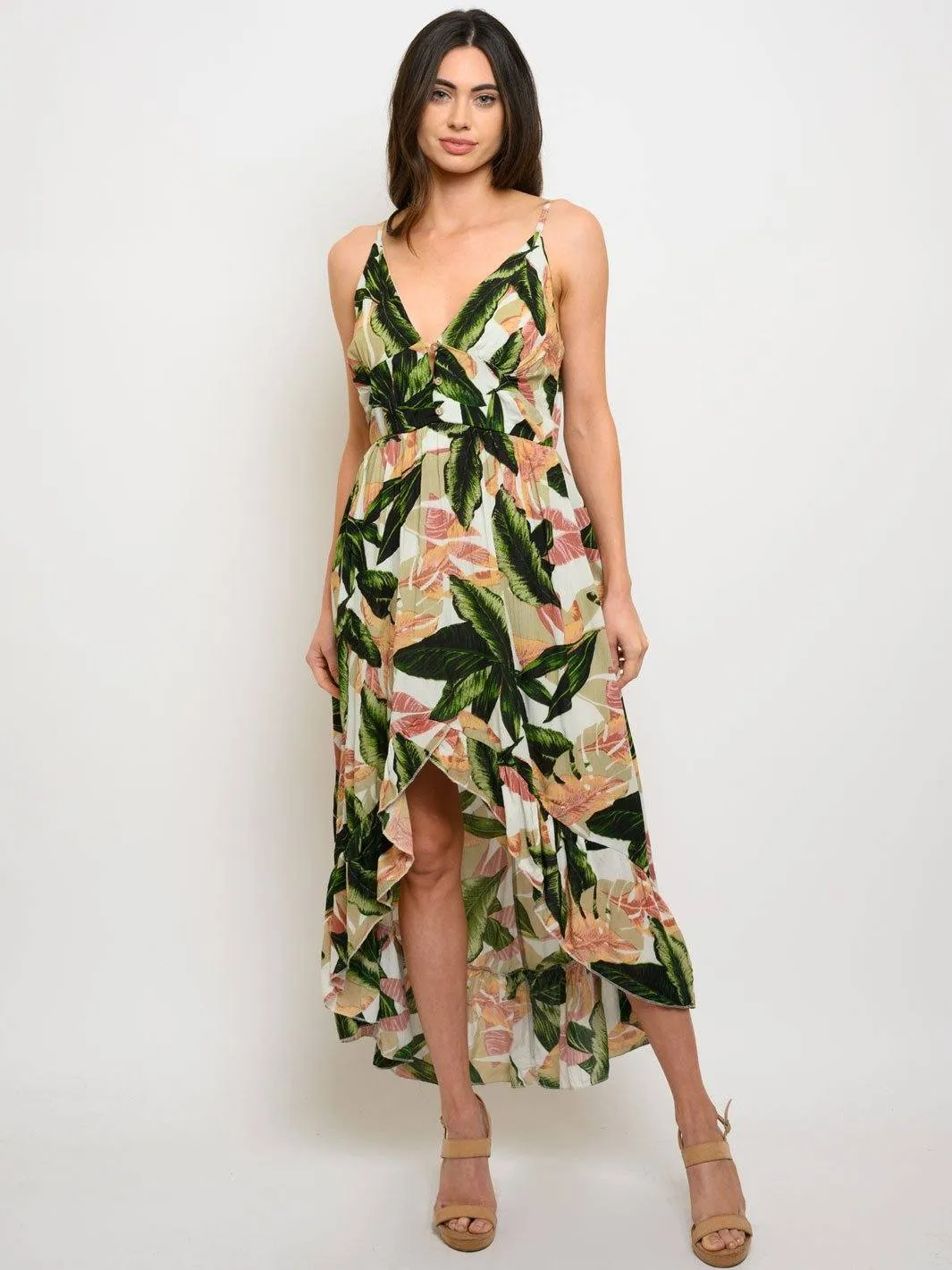 WOMEN'S FLORAL V-NECK HI-LOW MAXI DRESS