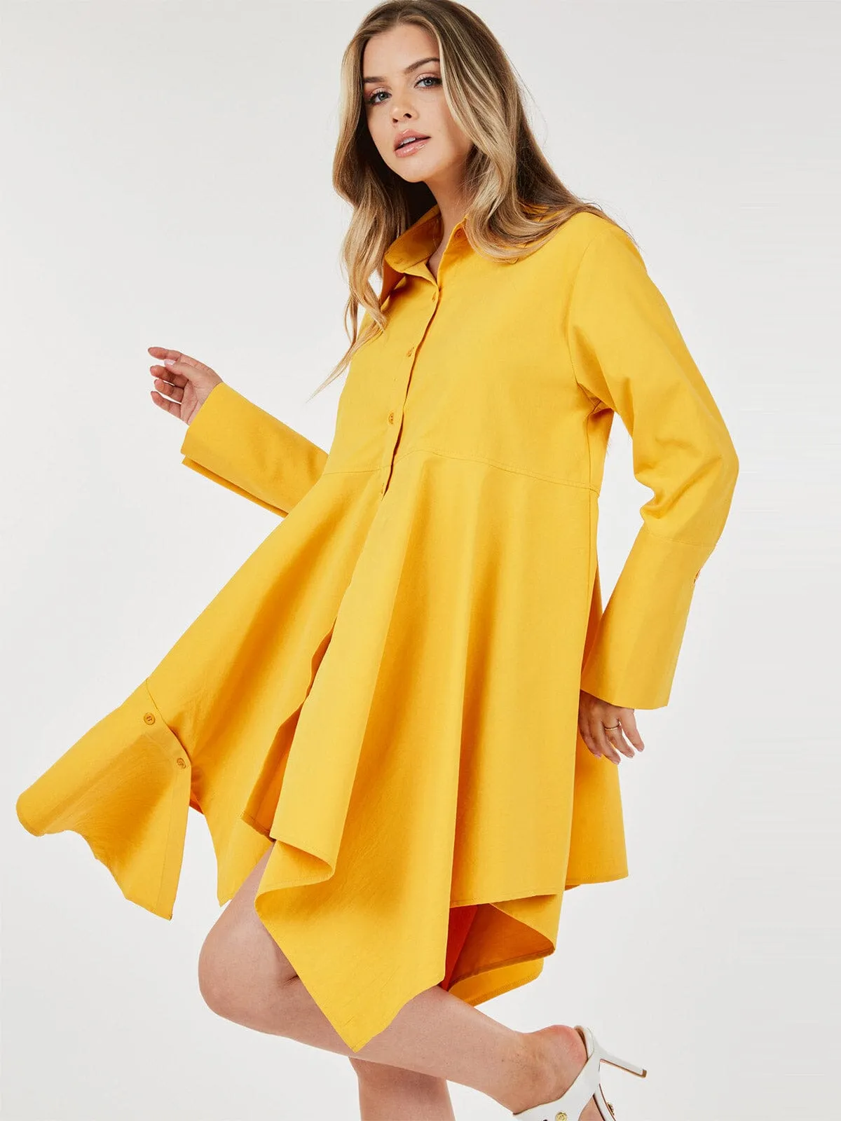 WOMEN'S LONG SLEEVE BUTTON UP TUNIC HIGH LOW MINI DRESS