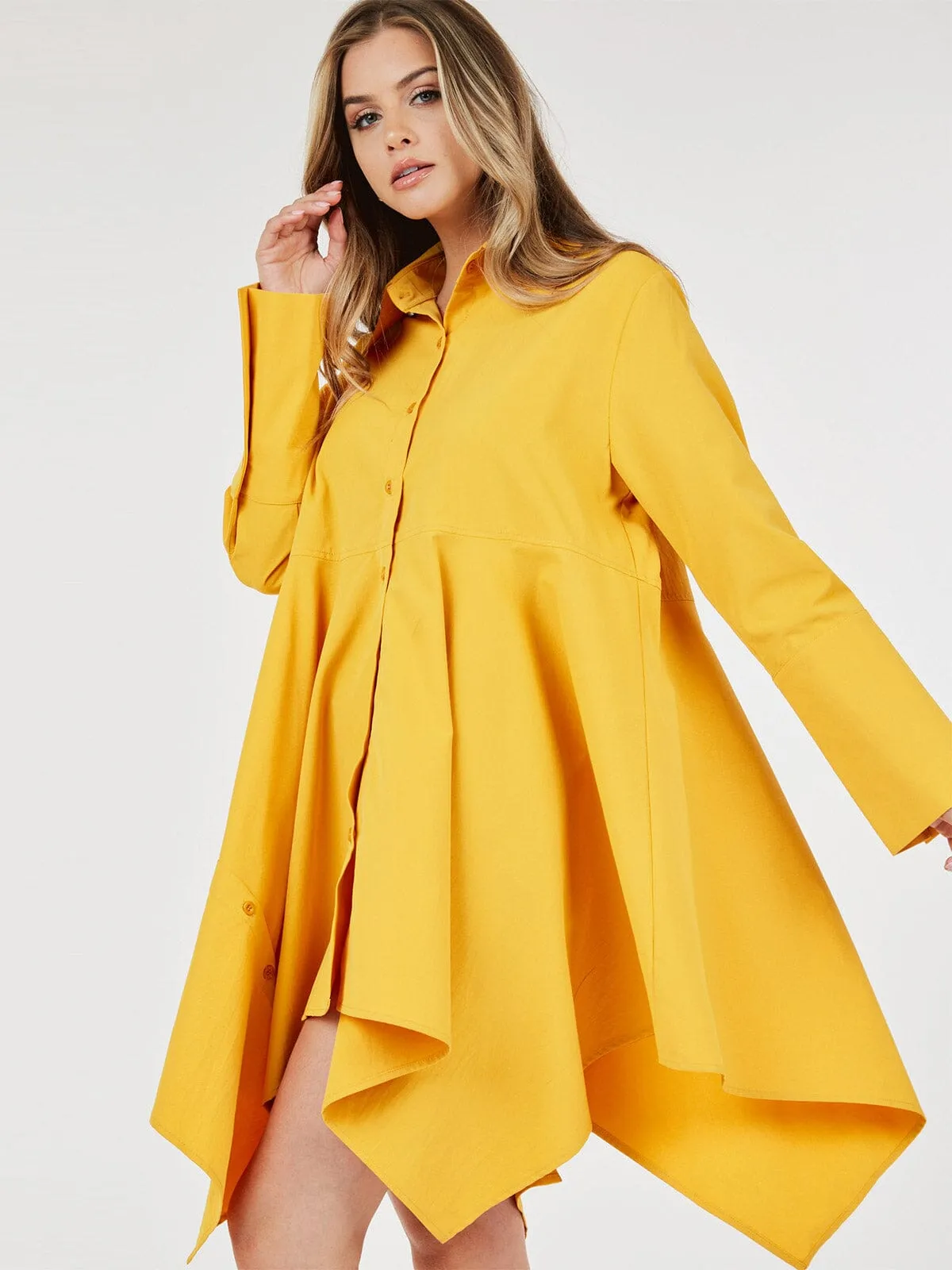 WOMEN'S LONG SLEEVE BUTTON UP TUNIC HIGH LOW MINI DRESS