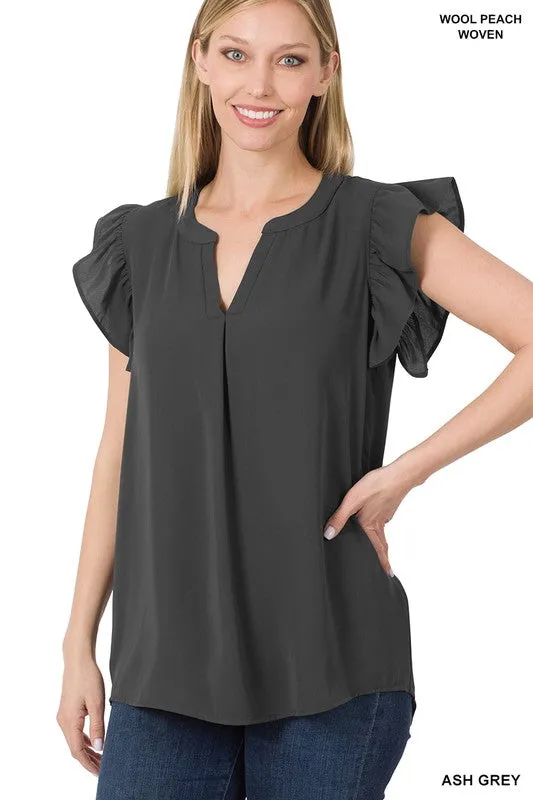 Woven Wool Peach Ruffled Sleeve High Low Top