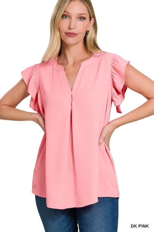 Woven Wool Peach Ruffled Sleeve High Low Top
