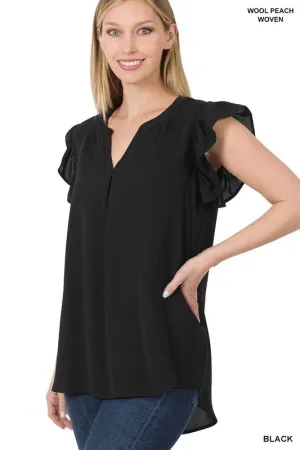 Woven Wool Peach Ruffled Sleeve High Low Top